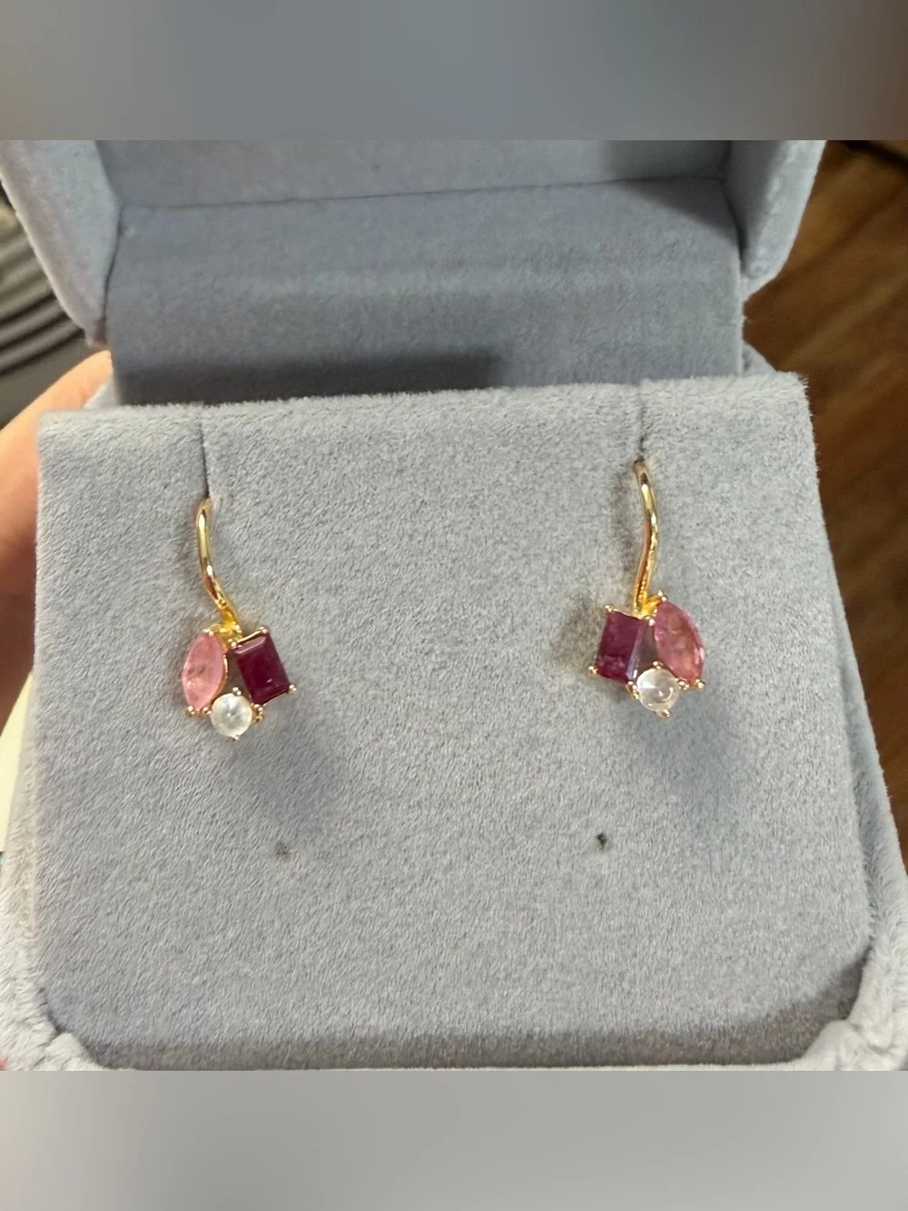 Stunning Natural 1.10CT Red & Pink Ruby & Topaz French Hook 18K Gold Earrings